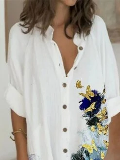 Women's Shirt Dress Casual Dress Shift Dress Mini Dress Outdoor Daily Vacation Polyester Fashion Casual Stand Collar Button Pocket Long Sleeve Fall 2023 Regular Fit White Butterfly S M L XL 2XL -HANA Luxury Wear Shop uqolow1693386910239
