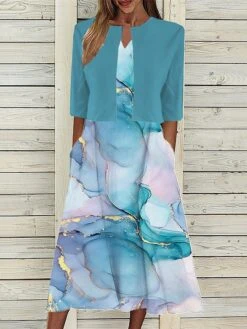 Women's Two Piece Dress Set Casual Dress Tank Dress Outdoor Daily Fashion Streetwear Pocket Print Midi Dress V Neck 3/4 Length Sleeve Floral Regular Fit Navy Blue Blue Purple Summer Spring S M L XL -HANA Luxury Wear Shop urbdig1689736425520