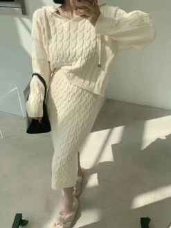 Women's Two Piece Dress Set Casual Dress Skirt Set Outdoor Daily Fashion Streetwear Patchwork Midi Dress Hooded Long Sleeve Plain Loose Fit Black Khaki Apricot Fall Winter One-Size -HANA Luxury Wear Shop urggre1695722086536