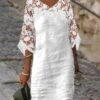 Women's Cotton Linen Dress Casual Dress Shift Dress Midi Dress Cotton Blend Fashion Modern Outdoor Daily Vacation V Neck Lace 3/4 Length Sleeve Summer Spring Fall 2023 Loose Fit White Plain S M L XL -HANA Luxury Wear Shop urvexx1678949793267