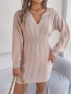 Women's Sweater Dress Winter Dress Jumper Dress Mini Dress Warm Pure Color Outdoor Casual Holiday Vacation V Neck Long Sleeve 2023 Regular Fit Pink Burgundy Green S M L -HANA Luxury Wear Shop usfhzu1696926500852