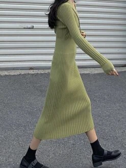 Women‘s Sweater Dress Winter Dress Sheath Dress Midi Dress Black White Green Long Sleeve Pure Color Button Fall Winter Autumn V Neck Stylish Winter Dress Fall Dress 2023 One-Size -HANA Luxury Wear Shop usgzpv1665656620262