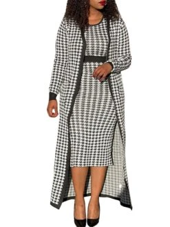 Women's Two Piece Dress Set Casual Dress Sheath Dress Daily Going Out Streetwear Modern Print Midi Dress Crew Neck Long Sleeve Houndstooth Regular Fit Black Fall Winter S M L XL XXL -HANA Luxury Wear Shop usjgjw1695194335911