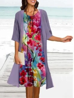 Women's Two Piece Dress Set Casual Dress Print Dress Outdoor Daily Fashion Elegant Print Midi Dress Crew Neck 3/4 Length Sleeve Floral Regular Fit Light Green Light Purple Green Summer Spring S M L -HANA Luxury Wear Shop usvagi1684477264325