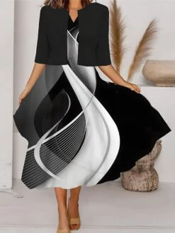 Women's Two Piece Dress Set Casual Dress Tank Dress Outdoor Daily Fashion Streetwear Pocket Print Midi Dress V Neck 3/4 Length Sleeve Geometric Color Block Regular Fit Black White Blue Spring Fall S