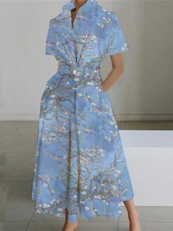 Women's Shirt Dress Casual Dress Swing Dress Maxi Long Dress Outdoor Office Daily Polyester Fashion Modern Shirt Collar Button Pocket Short Sleeve Summer Spring 2023 Loose Fit Black White Pink Floral -HANA Luxury Wear Shop utnszq1689924468431