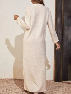 Women's Casual Dress Cotton Linen Dress Maxi Long Dress Linen / Cotton Blend Basic Classic Outdoor Daily Vacation Split Neck Split 3/4 Length Sleeve Summer Spring Fall 2023 Loose Fit Apricot Plain XS -HANA Luxury Wear Shop uttdov1690268528661