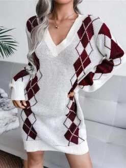 Women's Sweater Dress Winter Dress Jumper Dress Mini Dress Ruched Daily Date Going Out Active Fashion V Neck Long Sleeve 2023 Loose Fit Black White Sky Blue Color S M L Size -HANA Luxury Wear Shop uttvjm1692862232884