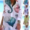 Women's Shirt Dress Cover Up Beach Wear Mini Dress Pocket Print Fashion Casual Fish Turndown 3/4 Length Sleeve Loose Fit Outdoor Daily White Blue 2023 Summer Spring S M L XL -HANA Luxury Wear Shop uumire1677225768756