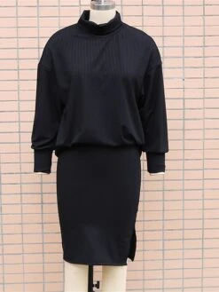 Women's Two Piece Dress Set Casual Dress Skirt Set Outdoor Daily Fashion Streetwear Split Ribbed Midi Dress Turtleneck Long Sleeve Plain Loose Fit Black Brown Beige Fall Winter S M L XL -HANA Luxury Wear Shop uunfcl1694596423804