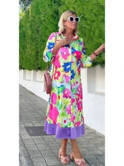 Women's Shirt Dress Casual Dress Midi Dress Outdoor Daily Vacation Polyester Fashion Modern Shirt Collar Button Print Long Sleeve Summer Spring Fall 2023 Loose Fit Purple Floral S M L XL 2XL -HANA Luxury Wear Shop uuouyg1692674977307