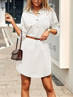 Women's Shirt Dress Casual Dress Mini Dress Outdoor Daily Cotton Linen Basic Classic Shirt Collar Button Pocket Long Sleeve Summer Spring Fall 2023 Loose Fit Black White Pink Pure Color S M L XL 2XL -HANA Luxury Wear Shop uvtera1691465487526