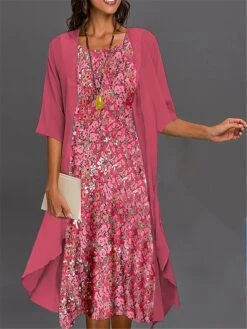 Women's Two Piece Dress Set Casual Dress Print Dress Outdoor Daily Fashion Elegant Print Midi Dress Crew Neck 3/4 Length Sleeve Floral Loose Fit Pink Navy Blue Royal Blue Summer Spring S M L XL XXL -HANA Luxury Wear Shop uwflno1689230894186