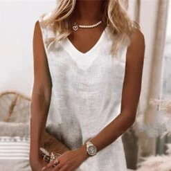 Women's Cotton Linen Dress Shift Dress White Dress Mini Dress Linen Cotton Blend Casual Outdoor Daily Vacation V Neck Ruched Sleeveless Summer Spring 2023 Regular Fit White Pure Color S M L XL XXL -HANA Luxury Wear Shop uwujwc1649327937777