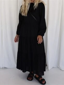 Women's Casual Dress Cotton Linen Dress Swing Dress Maxi Long Dress Linen / Cotton Blend Fashion Modern Outdoor Daily Vacation Crew Neck Ruched Ruffle Long Sleeve Summer Spring Fall 2023 Slim Black -HANA Luxury Wear Shop uxptai1689651680431
