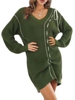 Women's Sweater Dress Jumper Dress Casual Dress Mini Dress Active Pure Color Outdoor Casual Holiday Vacation V Neck Long Sleeve 2023 Regular Fit Green Beige S M L -HANA Luxury Wear Shop uygyuy1692948085830