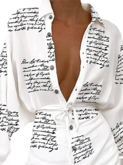 Women's Shirt Dress Wrap Dress Mini Dress Winter Dress Daily Vacation Polyester Casual Shirt Collar Button Print Long Sleeve Spring Fall Winter 2022 Regular Fit White Red Geometric Letter Stripe S M -HANA Luxury Wear Shop uylspd1631270732033