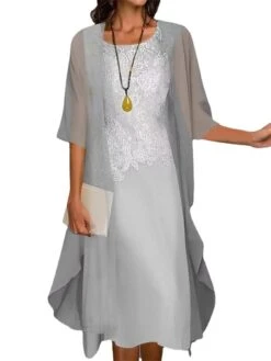 Women's Two Piece Dress Set Casual Dress Lace Dress Outdoor Daily Fashion Casual Lace Midi Dress Crew Neck 3/4 Length Sleeve Plain Regular Fit Blue Gray Spring Summer S M L XL 4XL -HANA Luxury Wear Shop uyqogb1675853242918