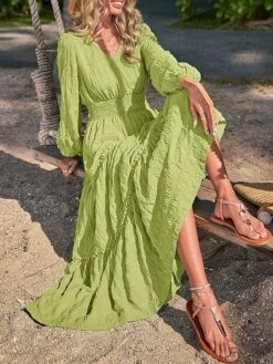 Women's Casual Dress Cotton Linen Dress Swing Dress Midi Dress Polyester Fashion Modern Outdoor Daily Vacation V Neck Ruched Ruffle Long Sleeve Summer Spring Fall 2023 Loose Fit Black Yellow Blue -HANA Luxury Wear Shop uzfemm1691040689397