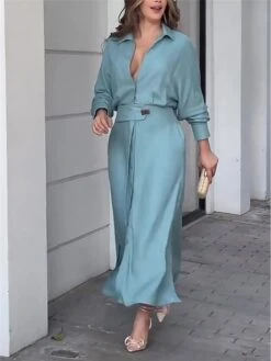 Women's Shirt Dress Casual Dress Sheath Dress Maxi Long Dress Outdoor Office Daily Polyester Fashion Modern Shirt Collar Button Long Sleeve Summer Spring Fall 2023 Loose Fit White Pink Blue Plain S M -HANA Luxury Wear Shop uzjoyi1683716779860