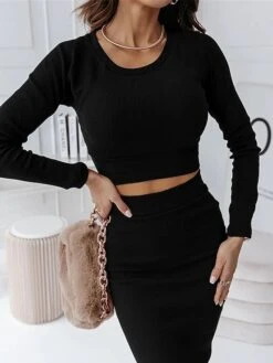 Women's Two Piece Dress Set Casual Dress Skirt Set Outdoor Daily Fashion Sexy Ribbed Midi Dress Crew Neck Long Sleeve Plain Regular Fit Black Wine Green Fall Winter S M L XL -HANA Luxury Wear Shop uztzvn1695268227650