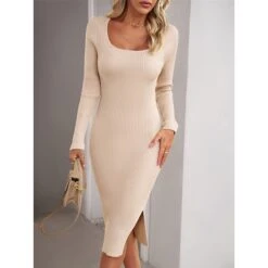 Women's Sweater Dress Winter Dress Jumper Dress Midi Dress Split Daily Date Going Out Active Fashion Crew Neck Long Sleeve 2023 Slim Black Blue Green Color S M L XL Size -HANA Luxury Wear Shop vadqrf1692353021901