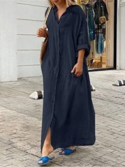 Women's Shirt Dress Casual Dress Cotton Linen Dress Maxi Long Dress Linen / Cotton Blend Basic Classic Outdoor Daily Vacation Shirt Collar Button Pocket 3/4 Length Sleeve Summer Spring Fall 2023 -HANA Luxury Wear Shop vahuwu1692084279112