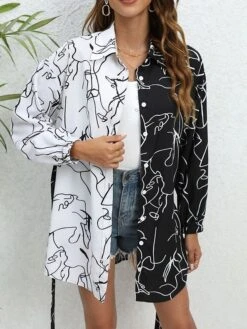 Women's Shirt Dress Casual Dress Mini Dress Outdoor Daily Vacation Polyester Fashion Modern Shirt Collar Lace Up Button Long Sleeve Spring Fall Winter 2023 Loose Fit White Abstract Portrait S M L XL -HANA Luxury Wear Shop vauioh1692352090348