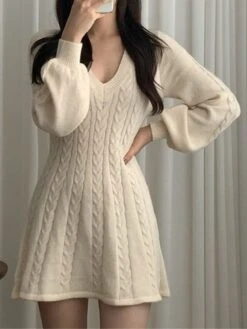 Women's Sweater Dress Jumper Dress Casual Dress Mini Dress Fashion Pure Color Outdoor Daily Going Out V Neck Long Sleeve 2023 Regular Fit Black Pink Khaki One Size -HANA Luxury Wear Shop vbicep1695805289295
