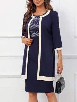 Women's Two Piece Dress Set Party Dress Lace Dress Party Office Fashion Elegant Lace Patchwork Midi Dress Crew Neck 3/4 Length Sleeve Plain Regular Fit Navy Blue Fall Winter S M L XL XXL -HANA Luxury Wear Shop vbtyhr1697450718763