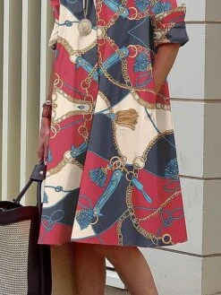 Women's Shirt Dress Casual Dress Midi Dress Office Daily Vacation Polyester Fashion Elegant Shirt Collar Print Long Sleeve Fall Winter 2023 Regular Fit Rose Red Geometric S M L XL 2XL -HANA Luxury Wear Shop vcdgup1691488608684