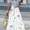 Women's Two Piece Dress Set Casual Dress Swing Dress Outdoor Daily Fashion Elegant Lace Up Lace Long Dress Maxi Dress Crew Neck Short Sleeve Floral Regular Fit Blue Summer Spring S M L XL XXL