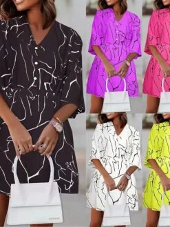 Women's Shirt Dress Casual Dress Mini Dress Outdoor Daily Polyester Fashion Modern V Neck Button Print Half Sleeve Summer Spring 2023 Loose Fit Black White Yellow Graffiti S M L XL 2XL
