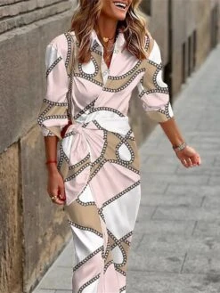 Women's Shirt Dress Casual Dress Sheath Dress Maxi Long Dress Outdoor Daily Date Polyester Fashion Casual Shirt Collar Lace Up Print 3/4 Length Sleeve Summer Spring Fall 2023 Loose Fit Black Pink -HANA Luxury Wear Shop vctsdj1691048900607