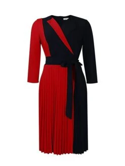 Women's Shirt Dress Casual Dress Midi Dress Outdoor Daily Date Polyester Fashion Casual Shirt Collar Lace Up Pleated 3/4 Length Sleeve Spring Fall Winter 2023 Regular Fit Yellow Red Blue Color Block -HANA Luxury Wear Shop vdcvik1695027668259