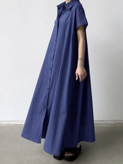 Women's Shirt Dress Casual Dress Maxi Long Dress Outdoor Daily Cotton Linen Basic Classic Shirt Collar Button Short Sleeve Summer Spring 2023 Loose Fit Navy Blue Brown Green Pure Color S M L XL XXL -HANA Luxury Wear Shop vdlbuy1688542126579