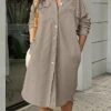 Women's Shirt Dress Casual Dress Shift Dress Midi Dress Outdoor Daily Vacation Polyester Fashion Modern Shirt Collar Button Pocket Long Sleeve Fall Winter 2023 Loose Fit Yellow Blue Khaki Pure Color -HANA Luxury Wear Shop vedomr1697597644497