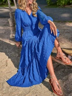 Women's Casual Dress Cotton Linen Dress Swing Dress Midi Dress Polyester Fashion Modern Outdoor Daily Vacation V Neck Ruched Ruffle Long Sleeve Summer Spring Fall 2023 Loose Fit Black Yellow Blue -HANA Luxury Wear Shop vejfnj1691040680749