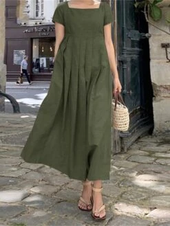 Women's Casual Dress Cotton Linen Dress A Line Dress Maxi Long Dress Cotton Blend Basic Casual Daily Holiday Date Square Neck Ruched Smocked Short Sleeve Summer Spring 2023 Loose Fit Army Green Navy -HANA Luxury Wear Shop vesfay1657780453342