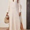Women's Casual Dress Cotton Linen Dress Maxi Long Dress Linen / Cotton Blend Basic Classic Outdoor Daily Vacation Split Neck Split 3/4 Length Sleeve Summer Spring Fall 2023 Loose Fit Apricot Plain XS -HANA Luxury Wear Shop vfulwh1690270417959