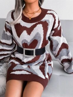 Women's Sweater Dress Jumper Dress Casual Dress Mini Dress Fashion Color Block Heart Outdoor Daily Vacation Going Out Crew Neck Long Sleeve 2023 Loose Fit Black Brown Khaki S M L -HANA Luxury Wear Shop vgcjuf1694756611955