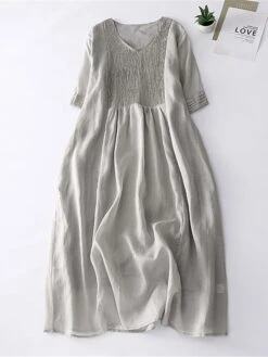 Women's Casual Dress Cotton Linen Dress Midi Dress Linen Basic Classic Outdoor Daily Vacation V Neck Pocket Half Sleeve Fall Autumn 2023 Loose Fit White Navy Blue Purple Plain M L XL 2XL -HANA Luxury Wear Shop vgfwqf1693202598418