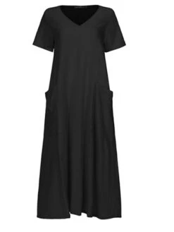 Women's Linen Dress Shift Dress Midi Dress Black Pink Apricot Short Sleeve Pure Color Pocket Summer Spring Fall Crew Neck Basic Loose Fit 2023 M L XL 2XL 3XL 4XL 5XL -HANA Luxury Wear Shop vgomsx1622180619184