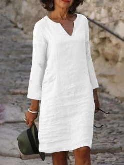 Women's Casual Dress Cotton Linen Dress Shift Dress Midi Dress Cotton Blend Modern Style Modern Outdoor Daily Date Split Neck Button Rolled Cuff 3/4 Length Sleeve Summer Spring Fall 2023 Regular Fit -HANA Luxury Wear Shop vhrsgl1689067165008