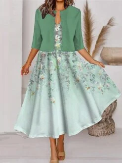 Women's Two Piece Dress Set Casual Dress Tank Dress Outdoor Daily Fashion Streetwear Pocket Print Midi Dress V Neck 3/4 Length Sleeve Floral Ombre Regular Fit Light Green Royal Blue Blue Spring Fall -HANA Luxury Wear Shop vhvxcs1690860841991