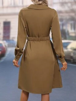 Women's Shirt Dress Casual Dress Shift Dress Mini Dress Outdoor Daily Date Polyester Basic Classic Shirt Collar Button Tie Belt Long Sleeve Spring Fall Winter 2023 Loose Fit Khaki Pure Color S M L XL -HANA Luxury Wear Shop vihvrw1693535888820