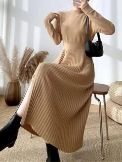 Women's Sweater Dress Winter Dress Jumper Dress Midi Dress Pleated Button Daily Date Going Out Fashion Basic Crew Neck Long Sleeve 2023 Slim Black Brown Green Color S M L XL Size -HANA Luxury Wear Shop vimbom1692687923050