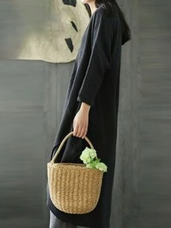 Women's Cotton Linen Dress Casual Dress Shift Dress Maxi Long Dress Cotton Blend Casual Winter Dress Daily Going Out Crew Neck Pocket Layered Long Sleeve Summer Spring Fall 2023 Loose Fit Black Green -HANA Luxury Wear Shop viqnpp1653381111232