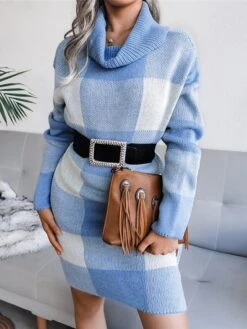 Women‘s Christmas Sweater Dress Winter Dress Sheath Dress Blue Wine Khaki Gray Long Sleeve Plaid Color Block Patchwork Winter Fall Turtleneck Casual S M L -HANA Luxury Wear Shop vjhprb1634118521887