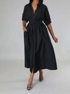 Women's Shirt Dress Casual Dress Swing Dress Maxi Long Dress Outdoor Daily Vacation Cotton And Linen Fashion Casual Shirt Collar Button Rolled Cuff Long Sleeve Spring Fall Winter 2023 Slim Black -HANA Luxury Wear Shop vknkel1695027665122